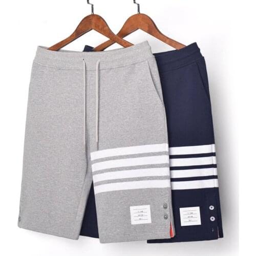 2021 Fashion TB THOM Brand Casual Shorts Men Summer Button Split Cotton Sports Trousers Striped Panelled Jogger Track Shorts