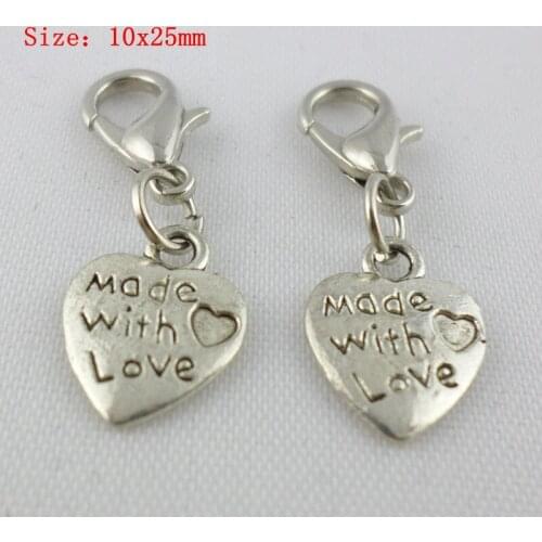 30pcs Alloy Letter Made With Love Heart Dangle Lobster Clasp Charms Pendants 10x25mm Tibetan Silver Jewelry Findings