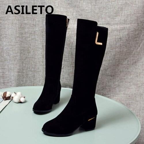 ASILETO High boots women Winter Knee Boots Zip Women Black Fashion Suede PU Comfort Thigh High Boots Female Long Boots S2397