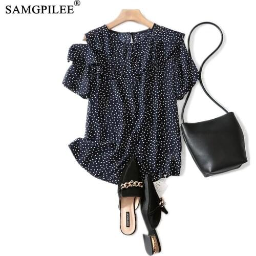 Blouses Women Fashion 2021 Summer Office Lady Korean Fashion Clothing Chiffon Short Sleeve Ruffles Polka Dot Female Blouses 3XL