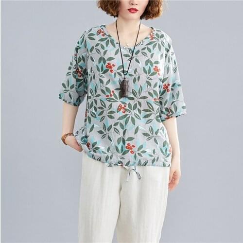 Cotton Linen Blouses Women 2020 Summer Print Short Sleeve Shirt New O-neck Pullover Feminine Top 242