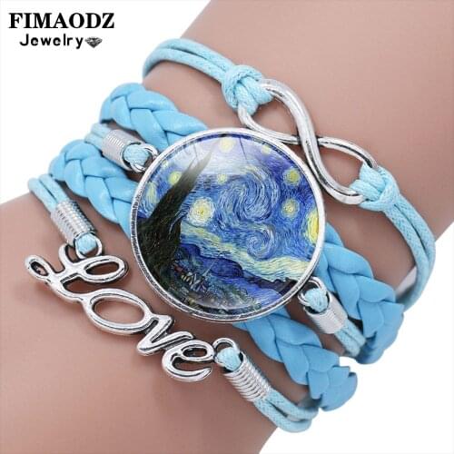 FIMAODZ Van Gogh Oil Painting Infinity Bracelet Starry Night Sunflower Art Picture Glass Leather Bracelets Bangles for Men Women