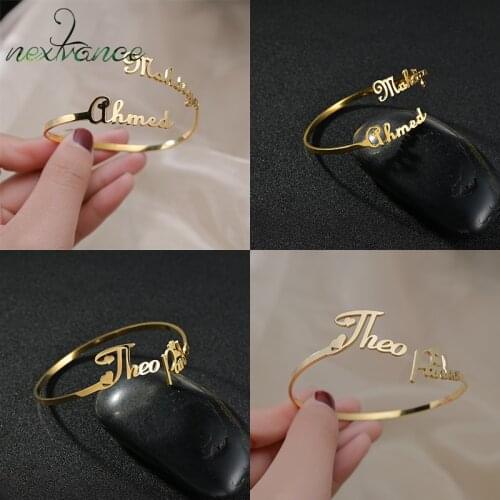 Nextvance Gold Customized Name Bracelet Stainless Steel Personalized Custom Cuff Bangles For Women Men Rose Couple Jewelry Gift