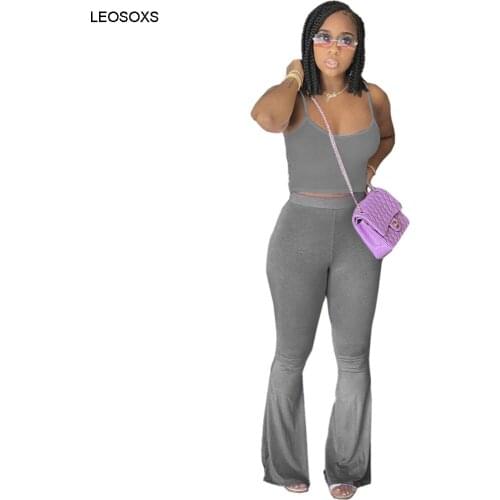 Summer Womens Casual Sports Pants Camisole Street Sexy Two-piece Suit Solid Color Suspender Flared Pants Casual Suit