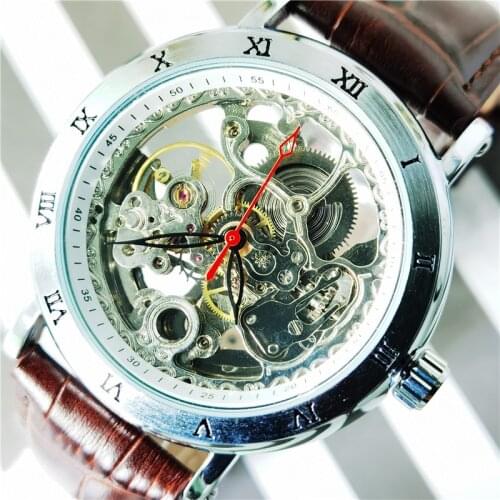 Forsining Brand Luxury Roman Numerals Gear Flower Movement Transparent Leather Clock Men Skeleton Automatic Mechanical Watches