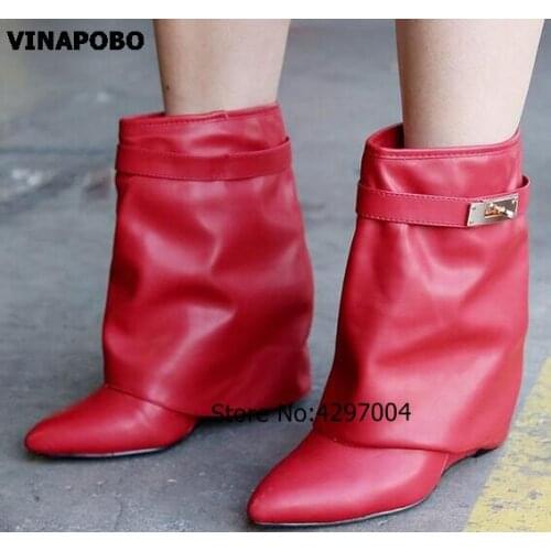 Black Woman Height Increasing Ankle Boots Autumn Fashion Silver Metal Ankle Buckle Decor Pointed Toe Female Wedges Short Boots