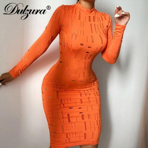 Dulzura 2021 Autumn Winter Women Solid Long Sleeve Hole Midi Dress Cut Out Bodycon Sexy Streetwear Party Club Festival Clothes
