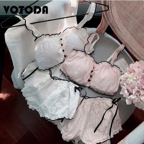 Women Sexy Lace Cotton Lingerie Set Embroidery Underwear Bra Panties Ruffles Tube Top Bloomers Sweet Lolita Pajamas Shorts Suit