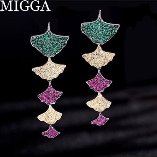 MIGGA Luxury Multicolor CZ Crystal Ginkgo Leaves Hanging Earrings for Women Party Cubic Zircon Jewelry