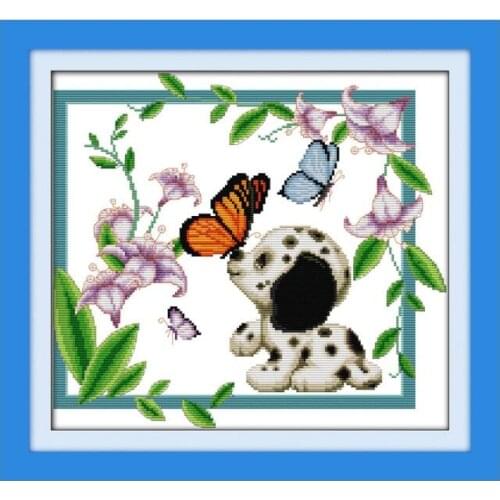 Joy Sunday Cute puppy and butterfly cross stitch kits Dogs pattern pattern DMC Printed Chinese embroidery needlework Decorations