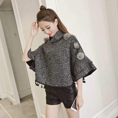 Cape Women Turtleneck Tassel Cloak Smock Pullover 2021 Autumn New Korean Wild Poncho Femme Loose Bat Sleeve Hairball Shawl Tops