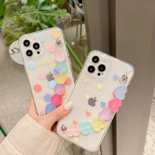 Shockproof TPU Soft Clear Candy Chain Polka Dots Heart Back Phone Case Cover Skin For iPhone 7/8 Plus 11 12 Pro Max X XR XS Max