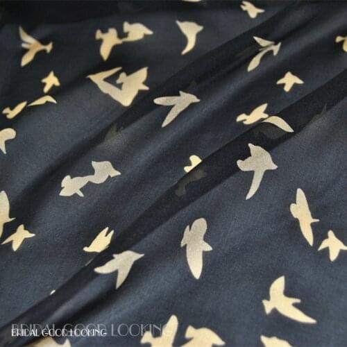 LEO&LIN 8-M/M Black Beige Bird Large Wide 100% Real Silk Chiffon Spring Summer Transparent Dress Cloth Fabric DIY Sewing Tissue