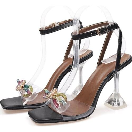 Bling Bling Rhinestone Bowknot High heels Women Sandals Fashion Ankle Strap Crystal clear heeled Gladiator Sandals Summer Shoes