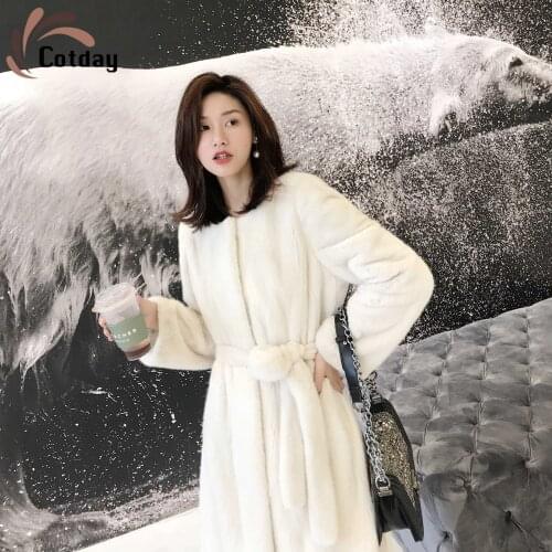 Cotday Long Office Lady Imitation Mink Fur Womens Coat Velvet Womens Coat Round Collarless Belt Fur Coat Winter Womens Coats