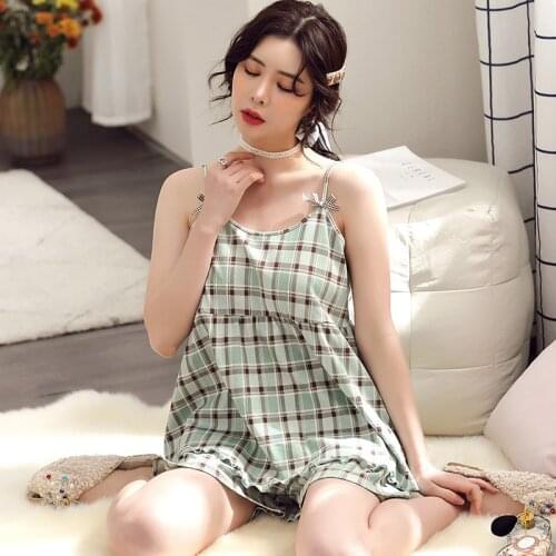 Womens Pajamas Summer Thin Suspender Shorts Pijamas Two-Piece Set 2021 New Plus Size Plaid Sleepwear Underwear Home Clothes