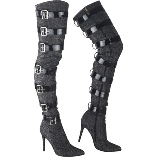 New Woman Punk Square Belt Buckle Thigh boots Pointed Toe Thin High Heel Stretch Bling Fabric Over knee Motorcycle Boots