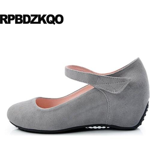 Size 33 ankle strap gray wedge mary jane elegant suede hidden round toe sheepskin shoes women 4 34 genuine leather medium heels