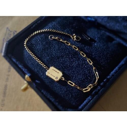 18K Solid Yellow Real Gold Jewelry(AU750) Women Designer Chocolate Square Diamond Bracelet Asymmetrical Chain Engraved Letter