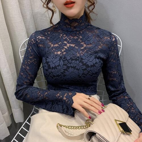 Lace Female Long Sleeve 2020 Spring New Stand Neck Women Tops Sexy transparent Lace Mesh Hollow Flower Camisas Mujer 973H
