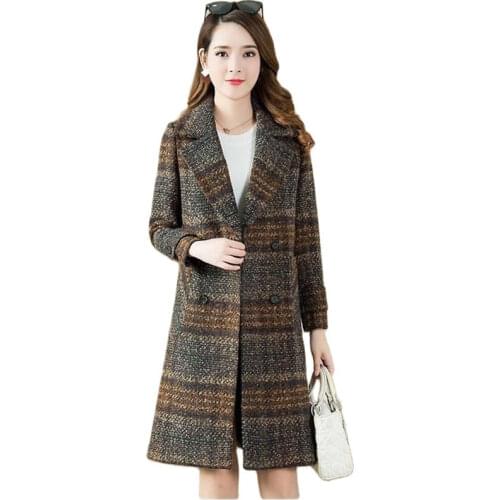 Large size Leisure coat female Autumn Winter clothing New lattice Woolen coat fashion Long sleeve slim Womens wool coat 3XL1897