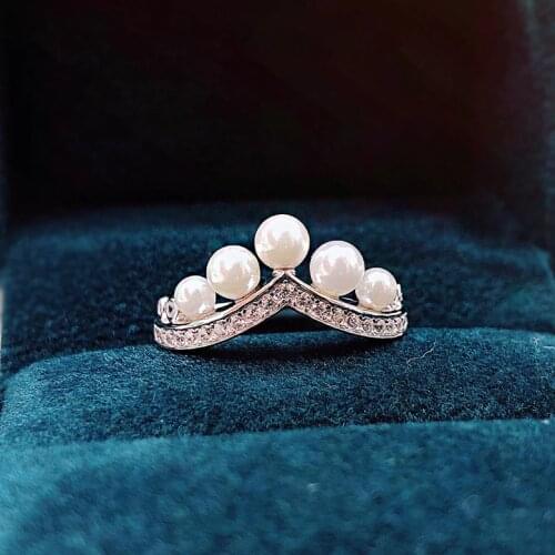 Trendy 100% 925 Sterling Silver Pearl Created Moissanite Gemstone Wedding Party Crown Ring For Women Fine Jewelry Gifts