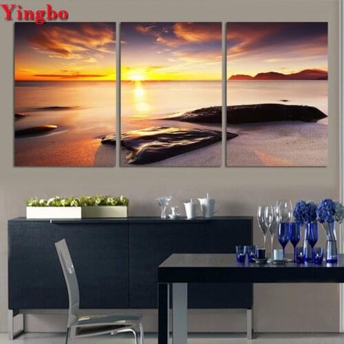 DIY Diamond mosaic 3 Panel Sea Sunrise Landscape diamond painting Cross Stitch Rhinestone embroidery full square round drill