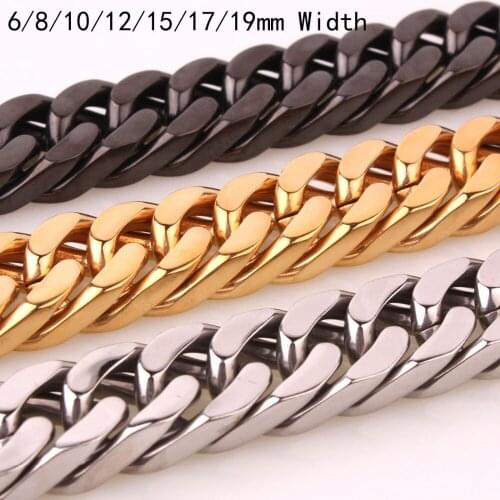 6/8/10/12/15/17/19MM Fashion Stainless Steel Silver Color/Gold Black Cuban Curb Chain Unisexs Jewelry Men Women Necklace 18-34"