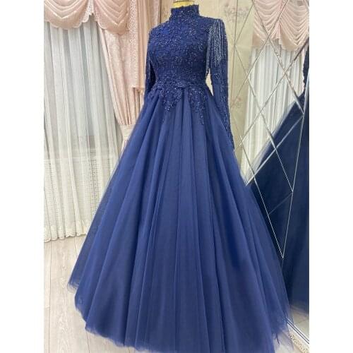 Appliques Beaded Tassel Muslim Evening Dress 2021 High Collar A Line Arabic Dubai Long Sleeve Formal Party Gowns Robe De Soire