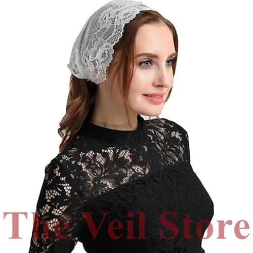 White Soft Stretch Lace Mantilla Chapel Veils for Church Tie style Headwrap Covering Headband Latin Mass Velo Mantilla de Novia