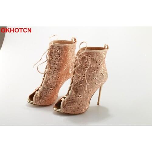 OKHOTCN Lace Up Glitter Rhinestone Women Ankle Boots Cut-out Peep Toe Thin Heels Summer Boots Shoes Woman Sexy Crystal Sandals