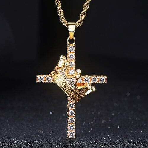 18k Gold Filled Bling Zircon Diamonds Gemstones Crown & Cross Royal Cool Pendnat Necklaces for Men 60cm Chain Trendy Accessories