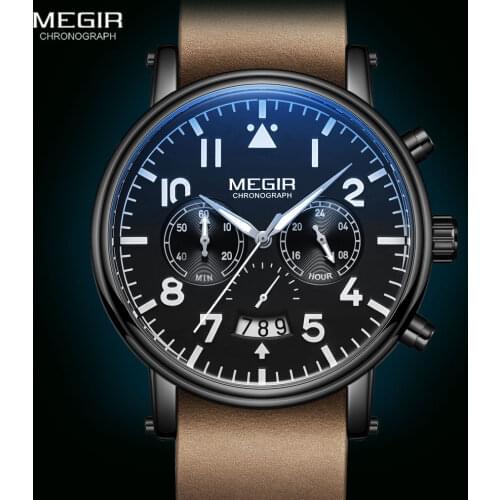 Megir Fashion Brown Leather Watches for Men Chronograph Quartz Wristwatch Man Luminous Casual Cool Watch Relogio Masculino Reloj
