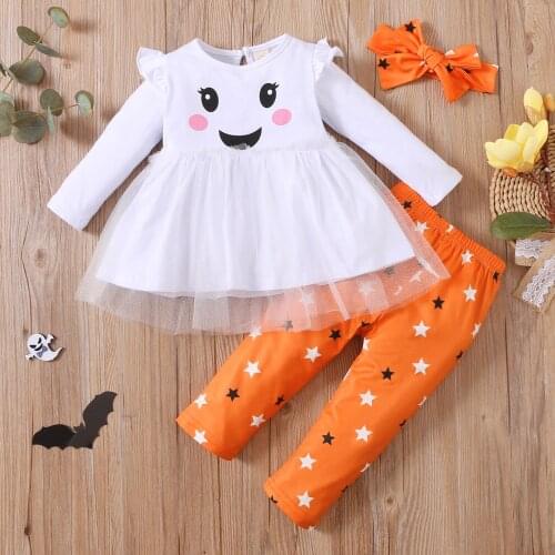 0-5Y Toddler Baby Kid Girl Halloween Clothes Set Cartoon Printed Top Star Print Pants Headband Outfits Children Girls Costumes