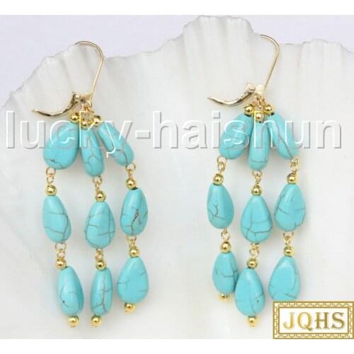 JQHS natural 3" blue Dangle drop turquoises Beaded earrings 14KT solid gold j11545