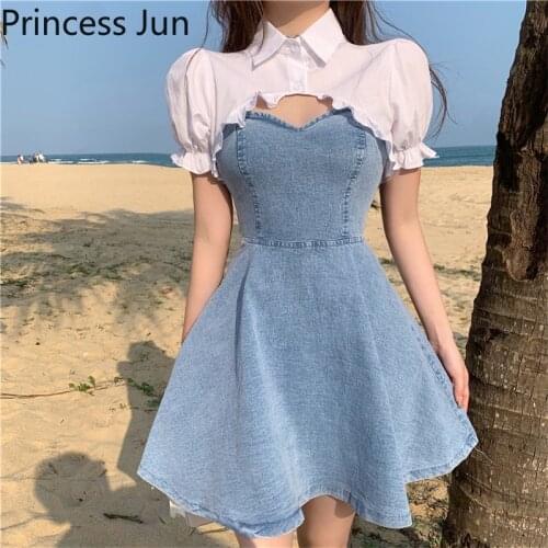 Summer Fashion Two Piece Sets Sexy Straos Blue Denim Dress+White Mini Shirt Crop Top 2 Pcs Suits New High Street Matching Sets
