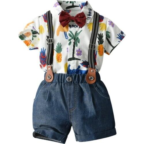 Infant Boy Summer Clothes 6-24 Months Children Short-sleeved Romper with Cropped Trousers Baby Sling 4-pieces Gentleman Suit