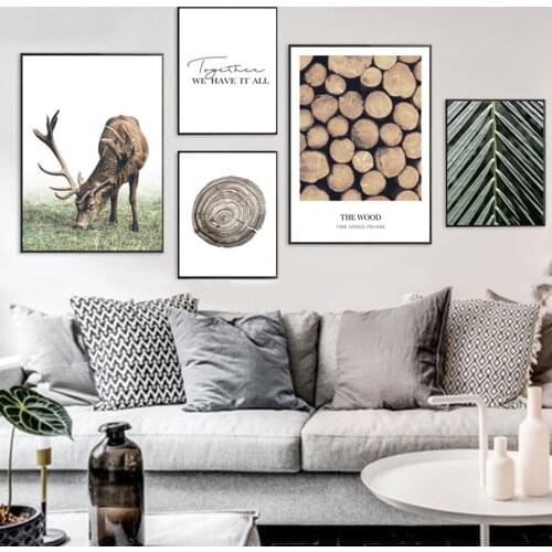 Elk Wood Tree Rings Palm Leafs Landscape Wall Art Canvas Painting Nordic Posters And Prints Wall Pictures For Living Room Decor