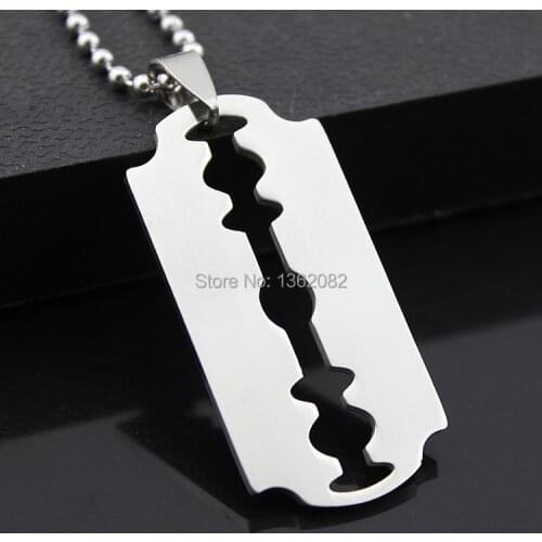 Cool Boy Mens Silver Stainless Steel Razor Blade Charm Pendant with 24 inches Bead Chain Necklace Gift MN312