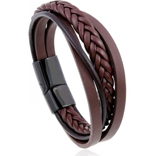New Retro Cowhide Bracelet Multi-layer Stainless Steel Braided Leather Bracelet Bracelet Mens Jewelry Wholesale