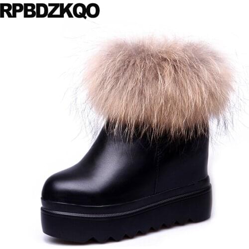 Fall Booties Round Toe Waterproof Winter Boots Women Muffin Height Increasing Fox Fur Black Ladies Flat Shoes Platform Ankle New