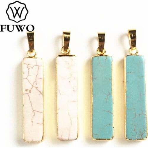 FUWO Wholesale White/Blue Howlite Rectangle Pendant With Gold Trimmed Simple Design Bar Shape Pendant For Necklace Making PD264