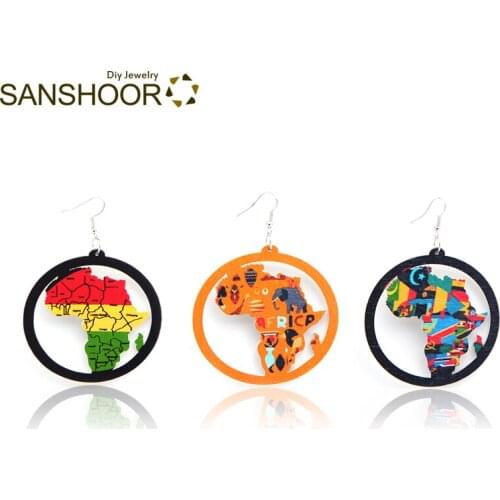 SANSHOOR Afro Wooden Earrings Round Hollow Mixed African Map Wood Drop Earrings Gift for Her 6 Pairs