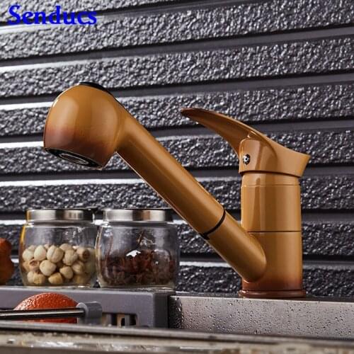 Senducs New Arrival Pull Down Bathroom Mixer Tap Quality Brass Basin Faucet Hot Cold Pull Down Copper Basin Mixer Tap