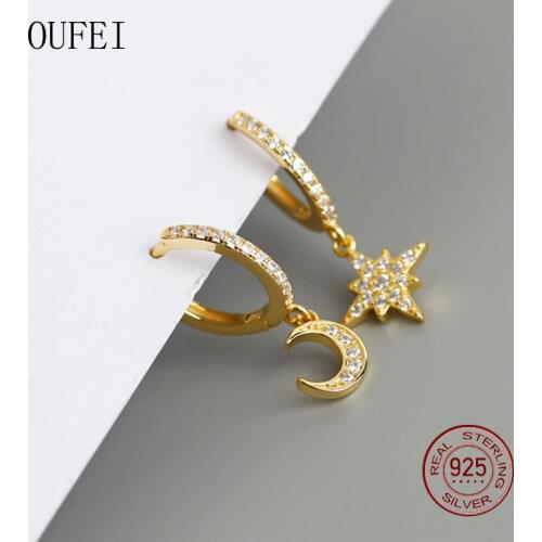 Stars Snd Moon Drop Earrings For Women 925 Sterling Silver Earrings Rhinestone Charm Round Earrings Boutique Jewelry