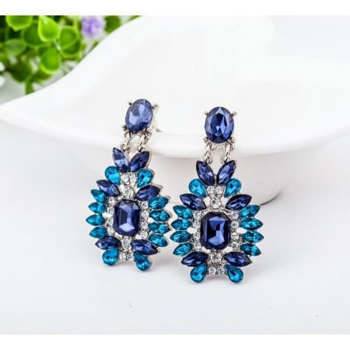 Big Blue Crystal Drop Earrings Women Long Eardrop Hollow Flower Silver Color Dangle Earring Rhinestone Jewelry Ear Accessories