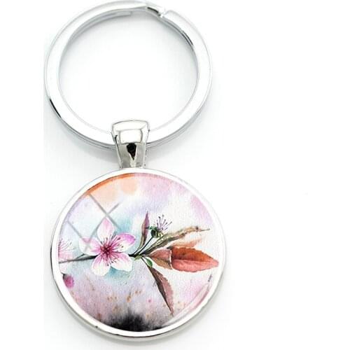 TAFREE Peach Blossom Round Photos Keyrings Chinese Classic Flower Key Chain New/high Quality 1 Piece Dropshipping