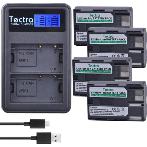 Tectra 4 x BP-511 BP-511A BP 511 Li-ion Battery + LCD USB Dual Charger for Canon G6 G5 G3 G2 G1 EOS 300D 50D 40D 30D 20D 5D