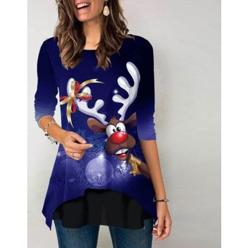 Autumn Winter Women O-neck Elk Christmas Print Long Sleeve T-shirt Casual New Fashion Female Loose Tops Women Plus Size Clothing