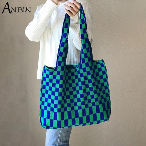 Checkerboard Woolen Knitted Women Shoulder Bag Korean Fashion Female Clash Color Large Capacity Casual Shopping Bags Tote